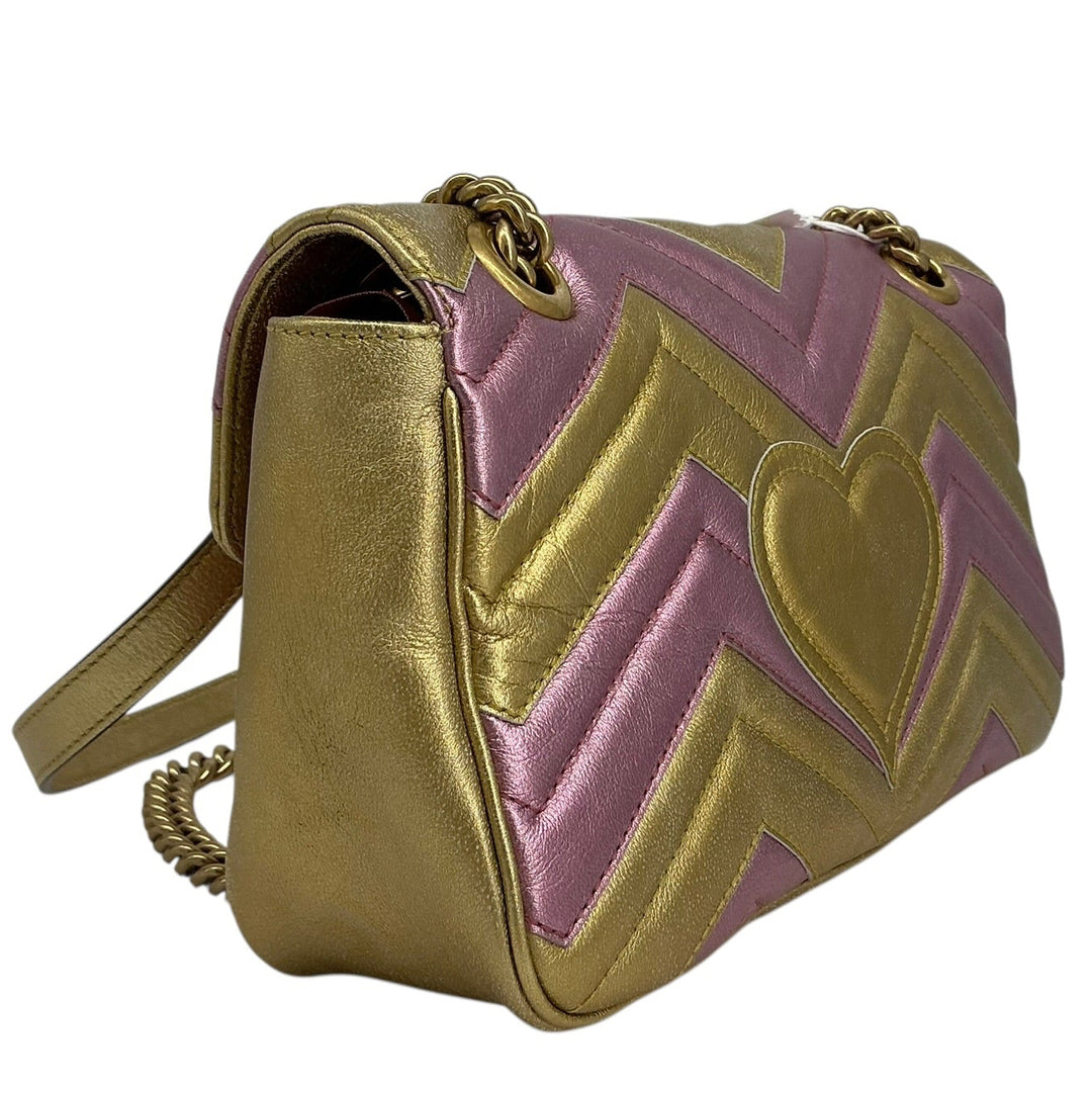 Angled rear view of Gucci Mini GG Marmont metallic shoulder bag