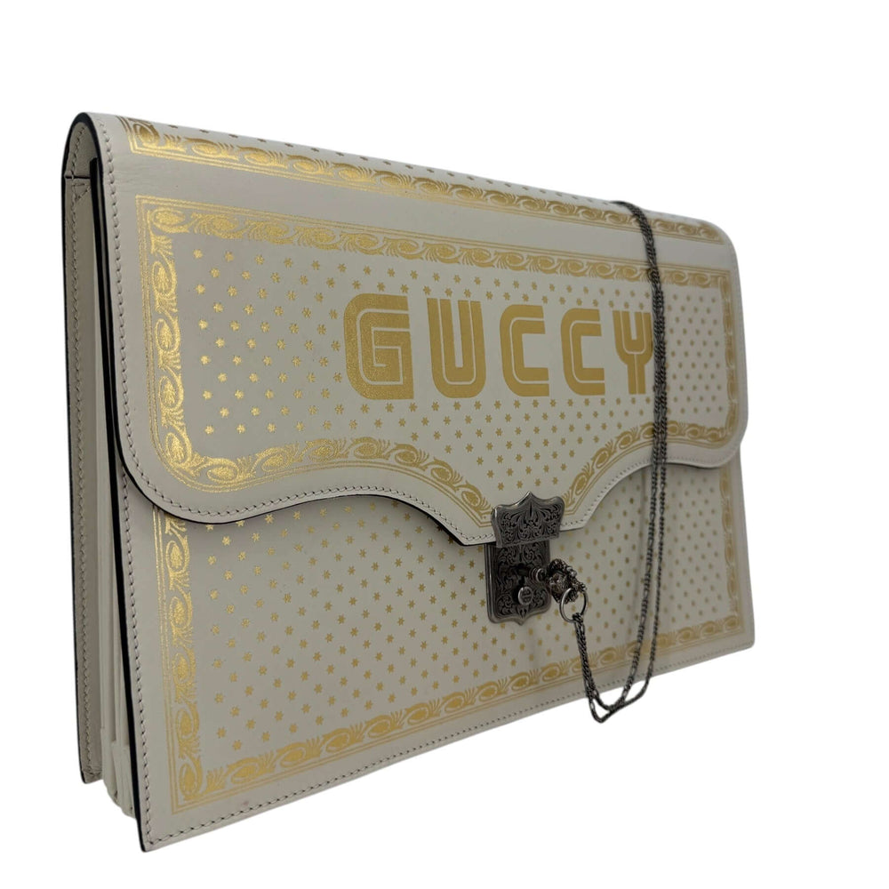 Gucci Neutral Leather Portfolio with Graphic Print featuring elegant design and refined finishing touches.