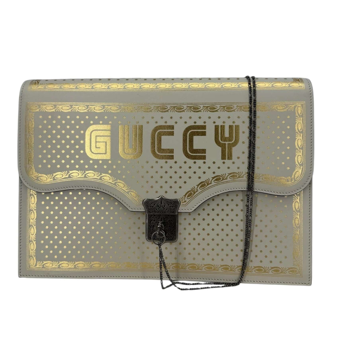 Gucci Neutral Leather Portfolio with Graphic Print in beige with gold accents and chain strap.