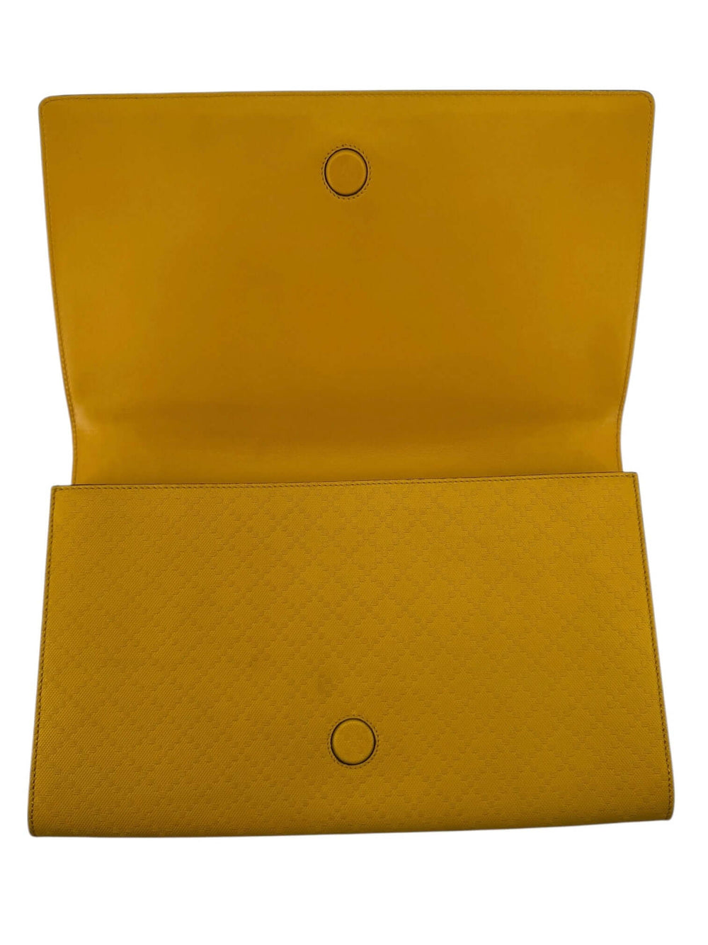 Gucci Ochre Yellow Diamante Leather Oversized Flap Clutch interior view showcasing the vibrant mustard-toned leather.