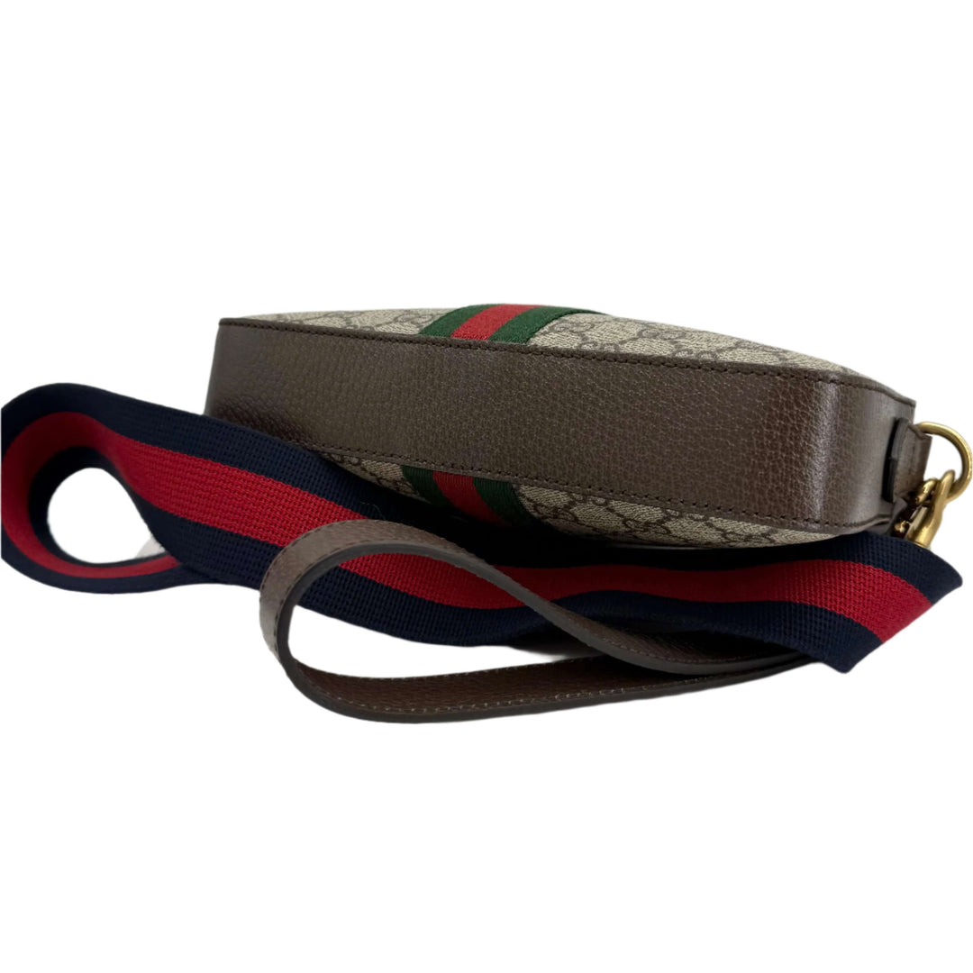Gucci Ophidia Crossbody Bag showcasing GG Supreme Canvas, Web Strap, and Double G Hardware in beige and dark brown.