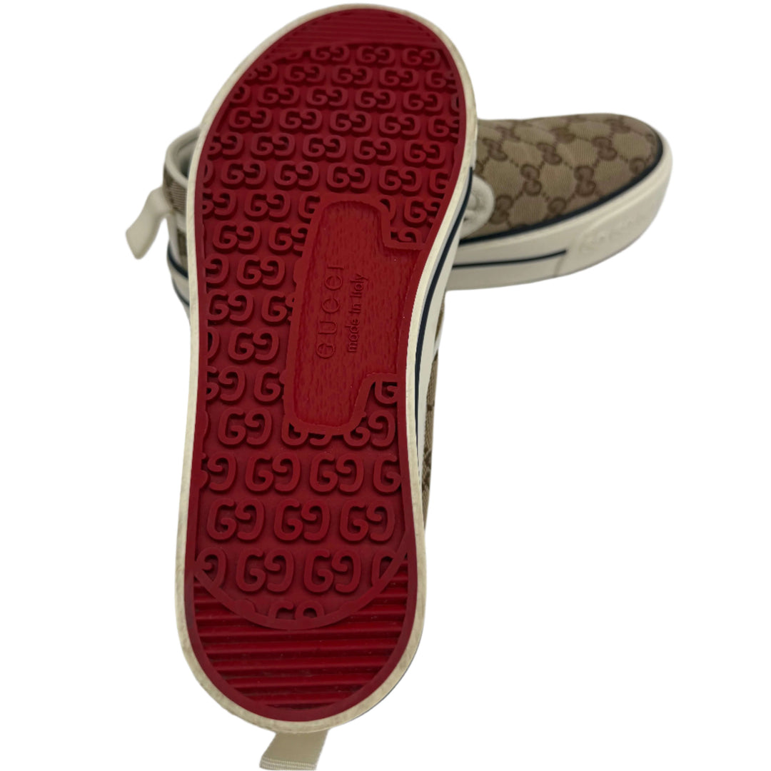 Gucci Women's Tennis 1977 Slip-On Sneakers sole featuring iconic GG monogram and red rubber design.