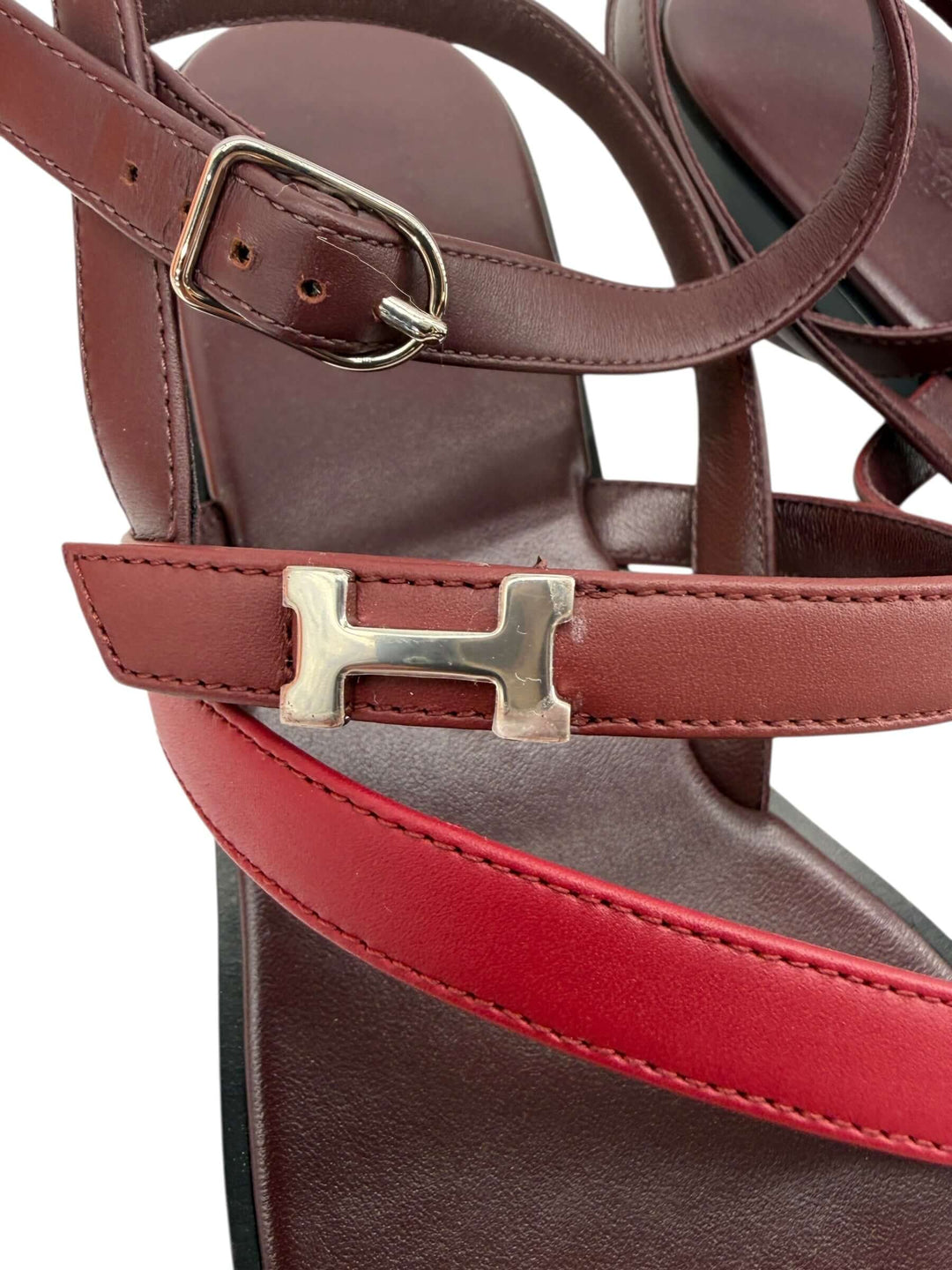 Hermès Leather Slide Sandals in Burgundy – Size 41 close-up of leather straps and hardware detail.