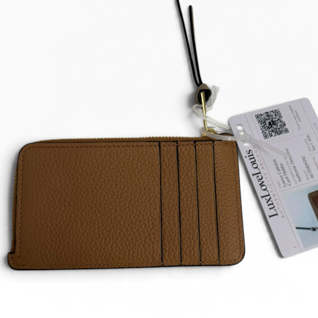 Reverse of LOEWE Rosemary Tan coin cardholder showing three leather card slots and attached authentication record