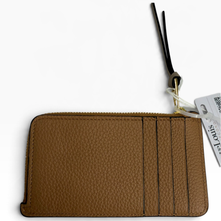 Close-up of LOEWE Rosemary Tan calfskin coin cardholder back, leather grain, card slots and zipper pull