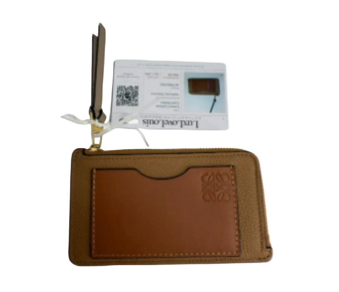 LOEWE Coin Cardholder in Rosemary and Tan soft grained calfskin, front Anagram pocket and attached authenticity card