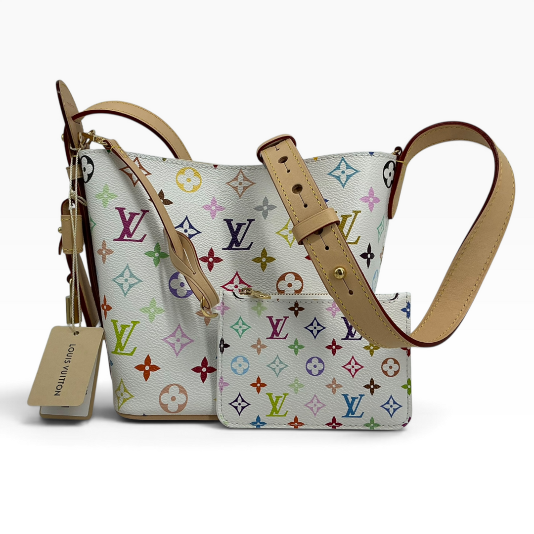Louis Vuitton x Takashi Murakami All In BB Multicolor White front with matching pouch, leather straps and retail tags