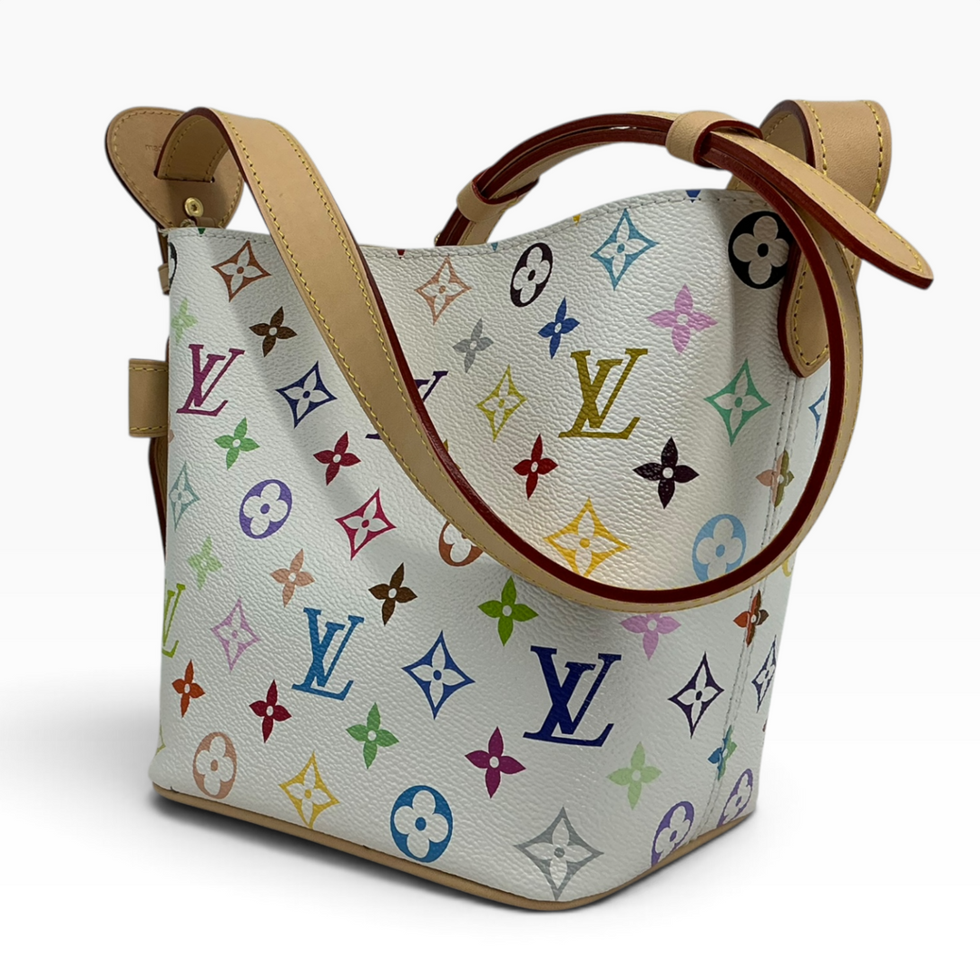 Louis Vuitton x Takashi Murakami All In BB Multicolor White front angle with natural leather straps