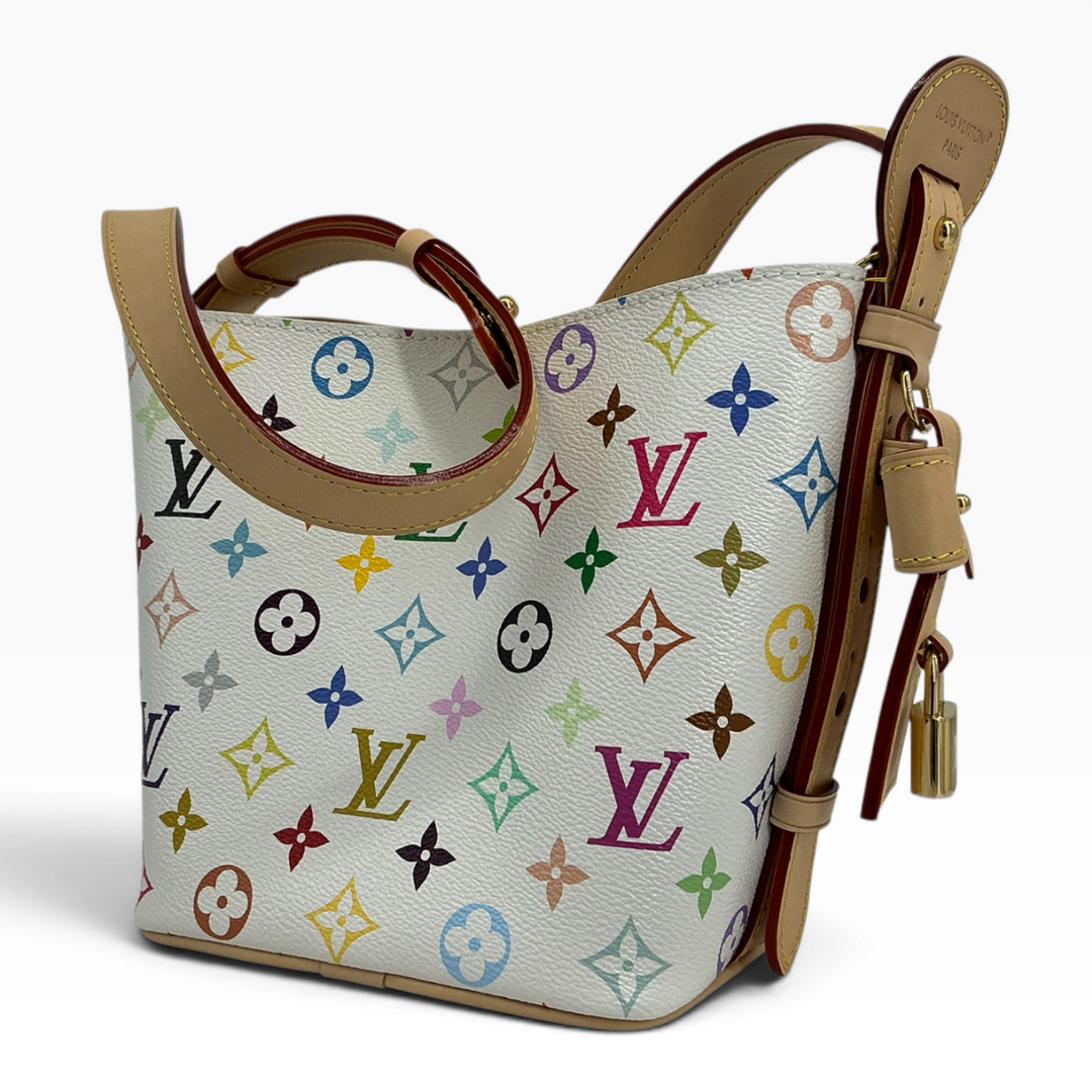 Louis Vuitton x Takashi Murakami All In BB Multicolor White side with natural leather trim and gold-tone padlock