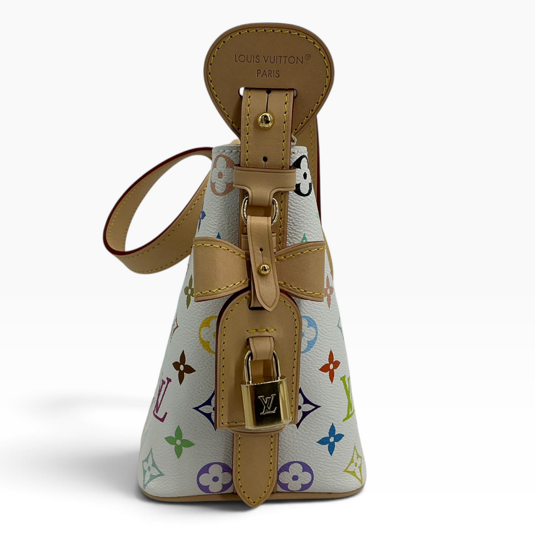 Louis Vuitton x Takashi Murakami All In BB Multicolor White side with natural leather trim and gold-tone padlock