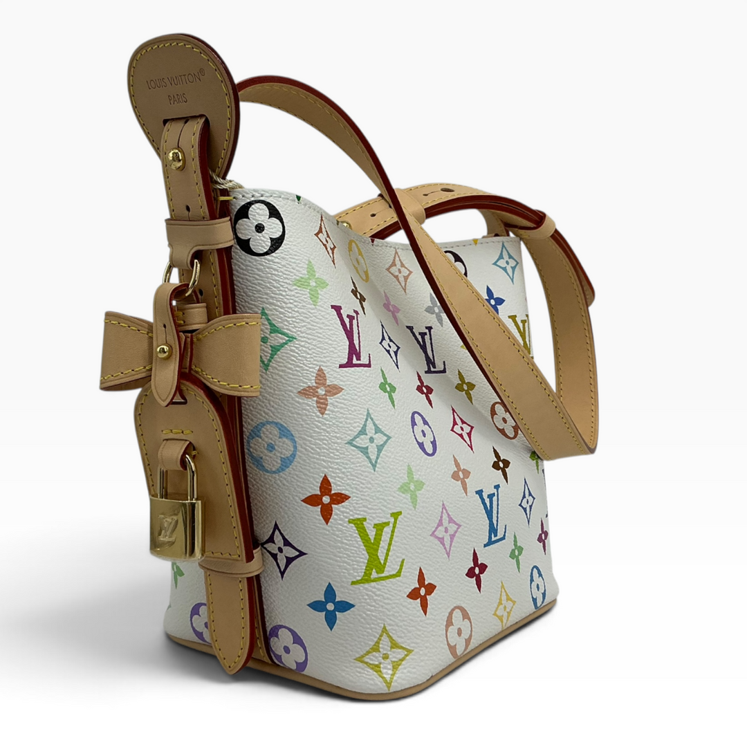 Louis Vuitton x Takashi Murakami All In BB Multicolor White side detail with Louis Vuitton stamped leather trim and padlock