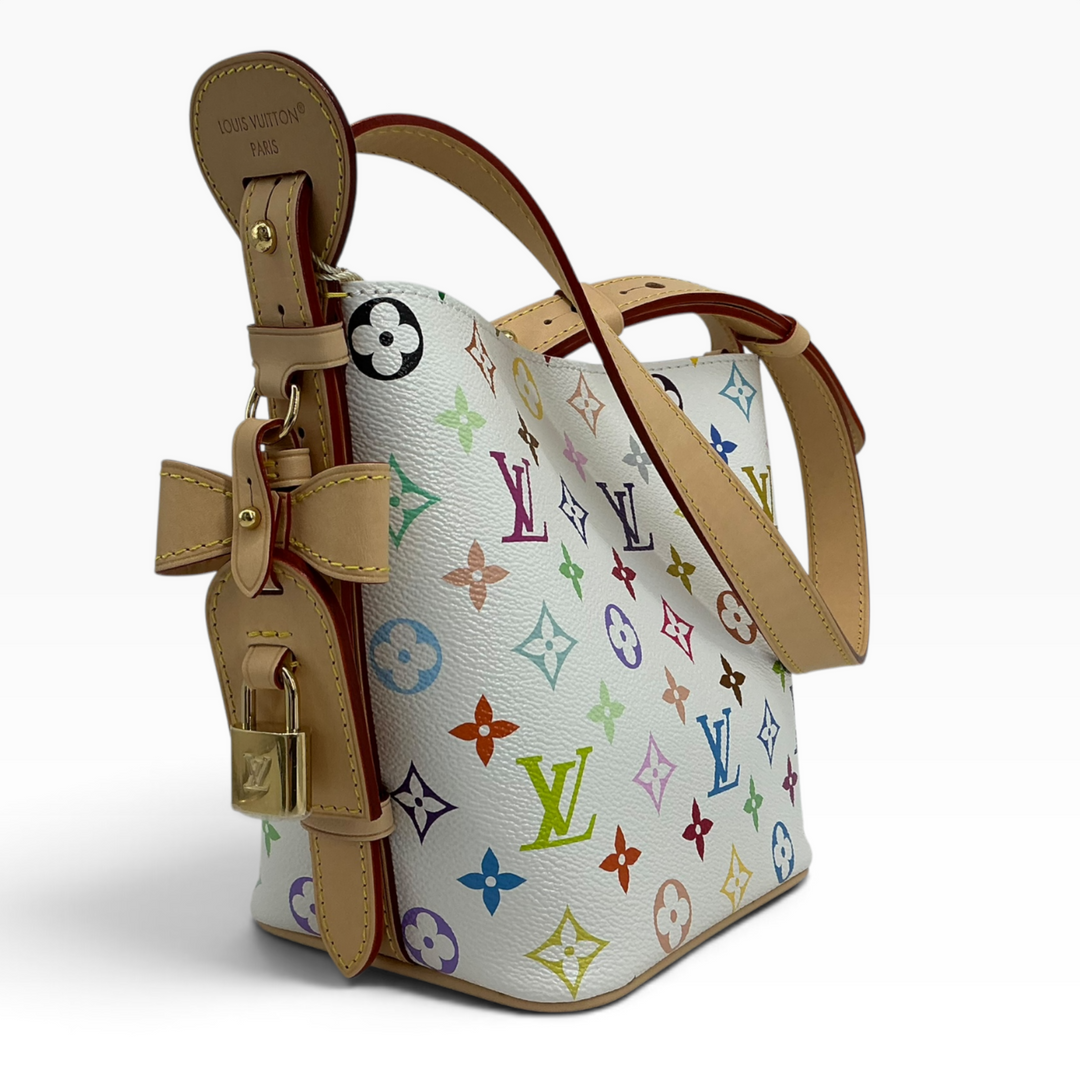 Louis Vuitton x Takashi Murakami All In BB Multicolor White side profile showing natural cowhide leather strap construction
