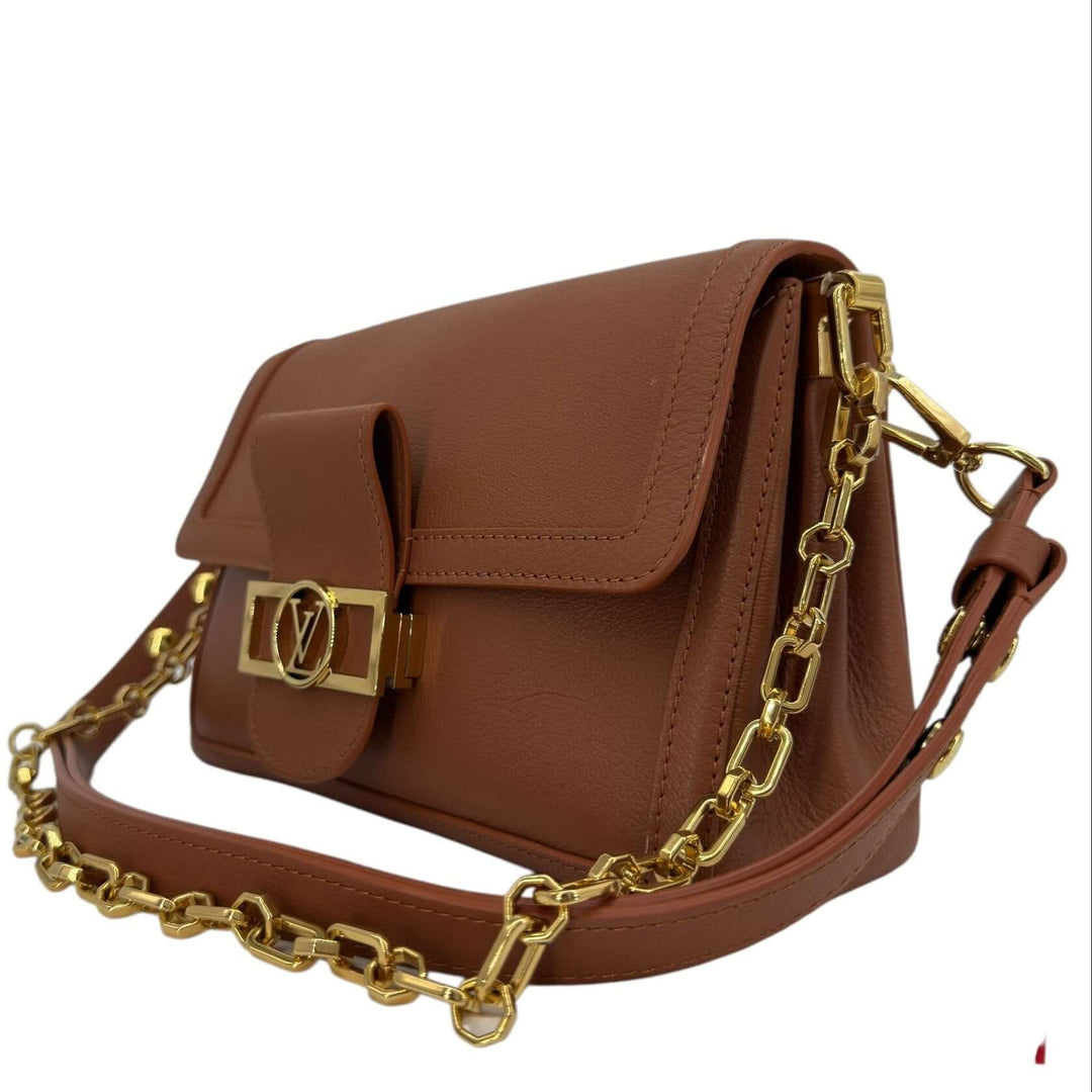 Louis Vuitton Leather Shoulder Bag with LV Turn-Lock Chain Strap Brown featuring gold-tone chain strap and smooth leather.