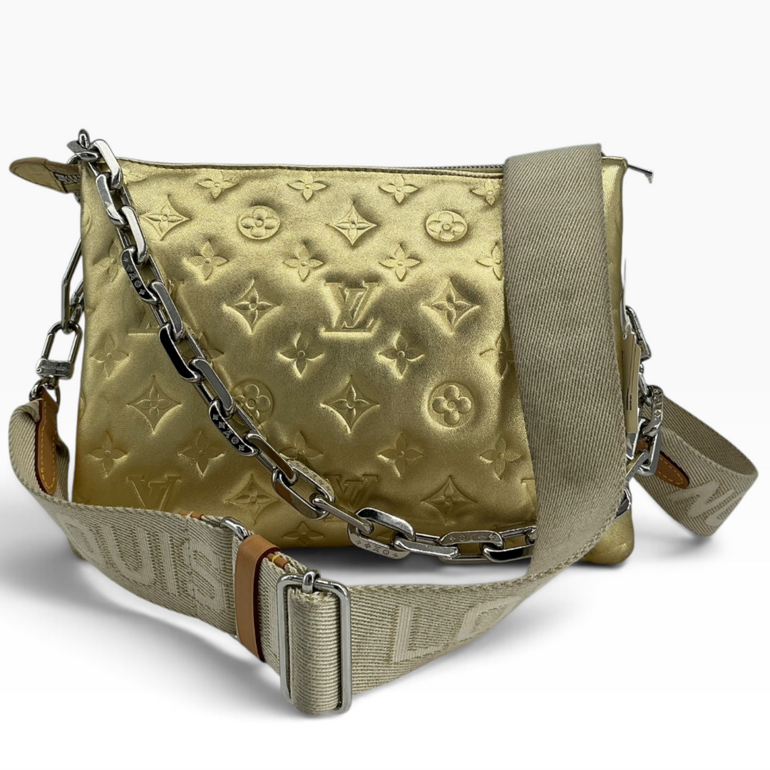 Louis Vuitton Coussin PM Gold front with Monogram embossed lambskin Edge chain and textile strap