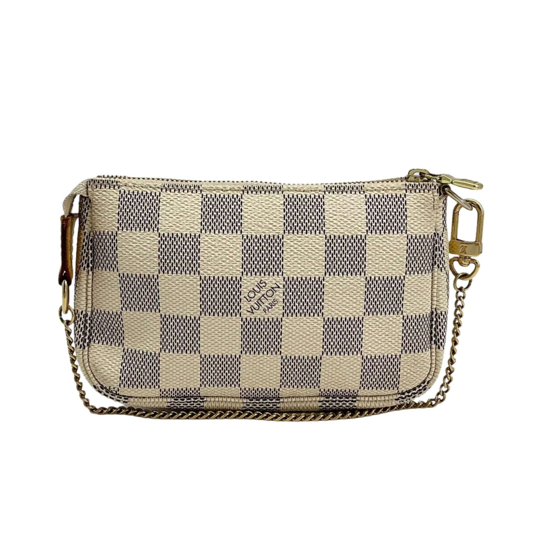 Louis Vuitton Damier Azur Mini Pochette Accessories wristlet pouch crafted from coated canvas, stylish and compact.