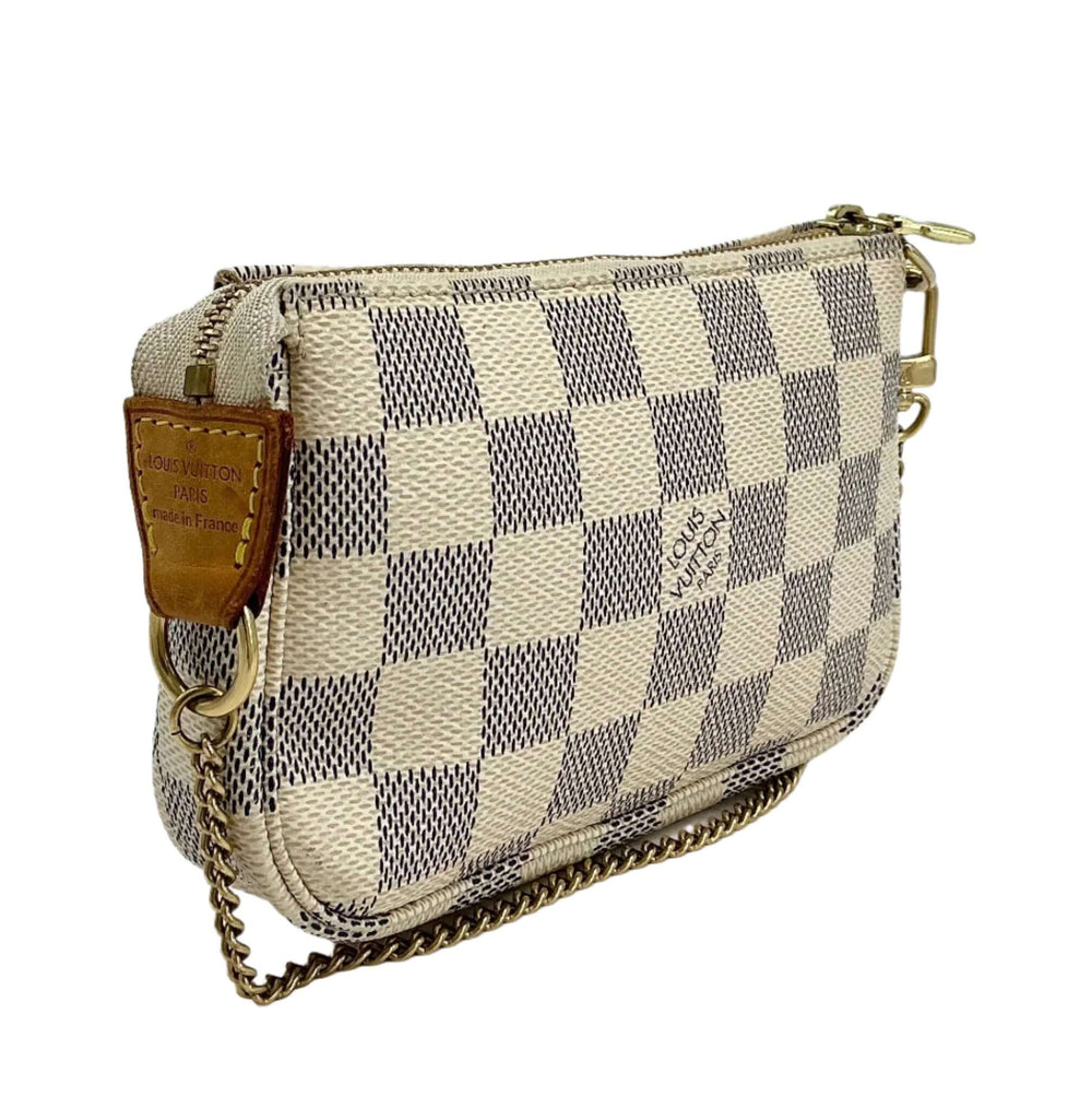 Louis Vuitton Damier Azur Mini Pochette Accessories wristlet pouch in checkered coated canvas, stylish and compact.