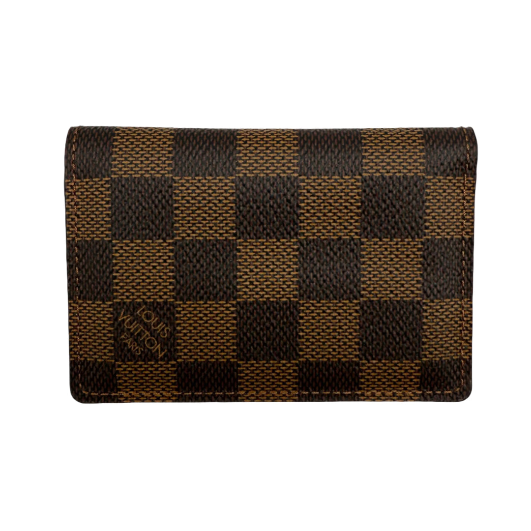 Louis Vuitton Damier Ebene Canvas Pocket Organizer Wallet featuring iconic checkerboard design in brown.