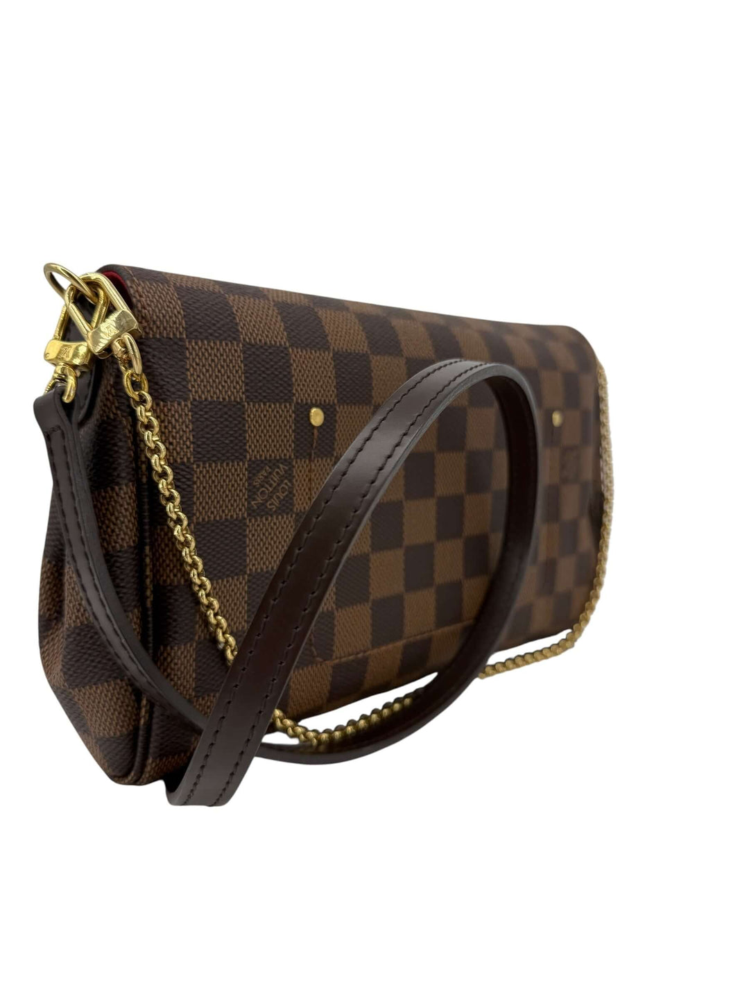 Louis Vuitton Damier Ebene Favorite MM Bag | LuxLoveLouis showcasing its elegant design and chic gold-tone details.