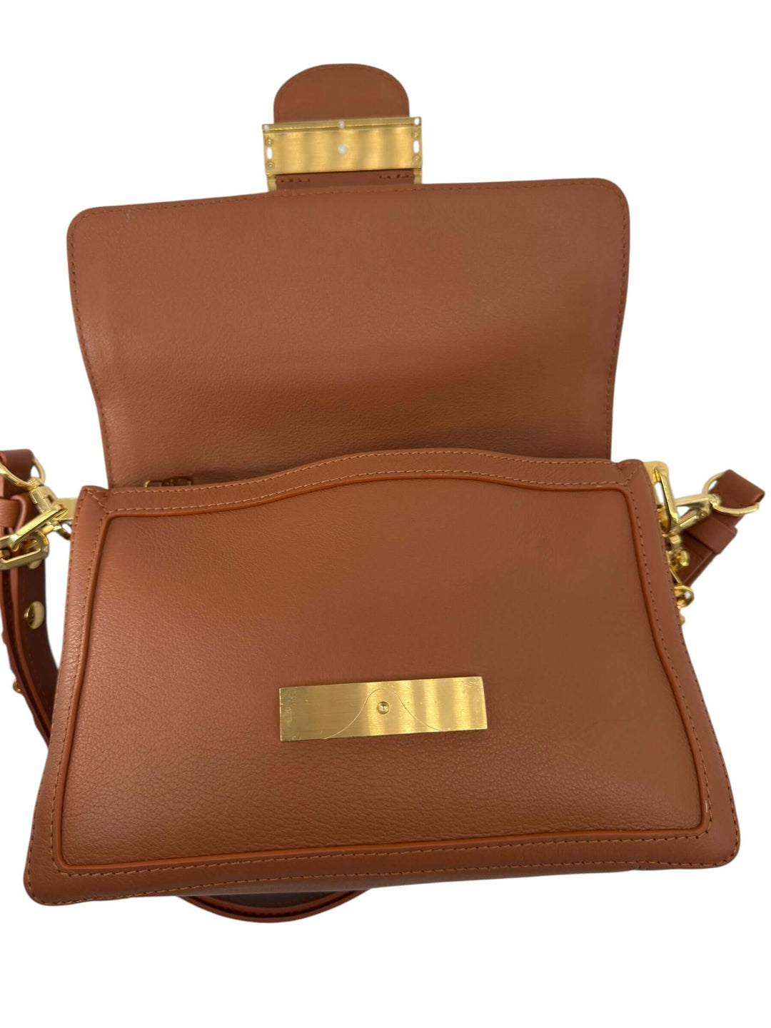 Louis Vuitton Leather Shoulder Bag with LV Turn-Lock Chain Strap Brown, opened view showing interior and gold-tone closure.
