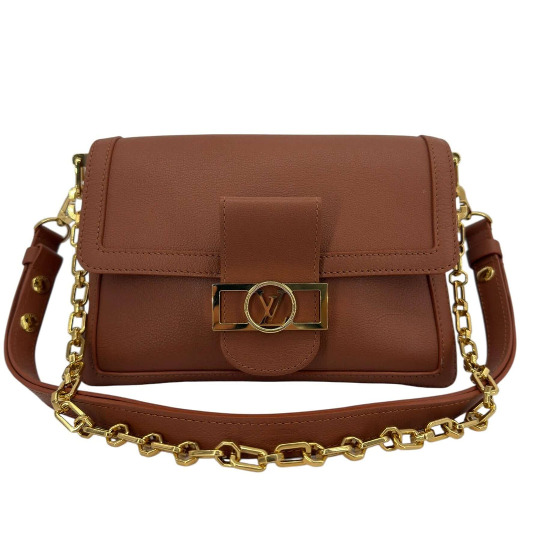 Louis Vuitton Leather Shoulder Bag with LV Turn-Lock Chain Strap Brown showcasing polished gold-tone hardware.