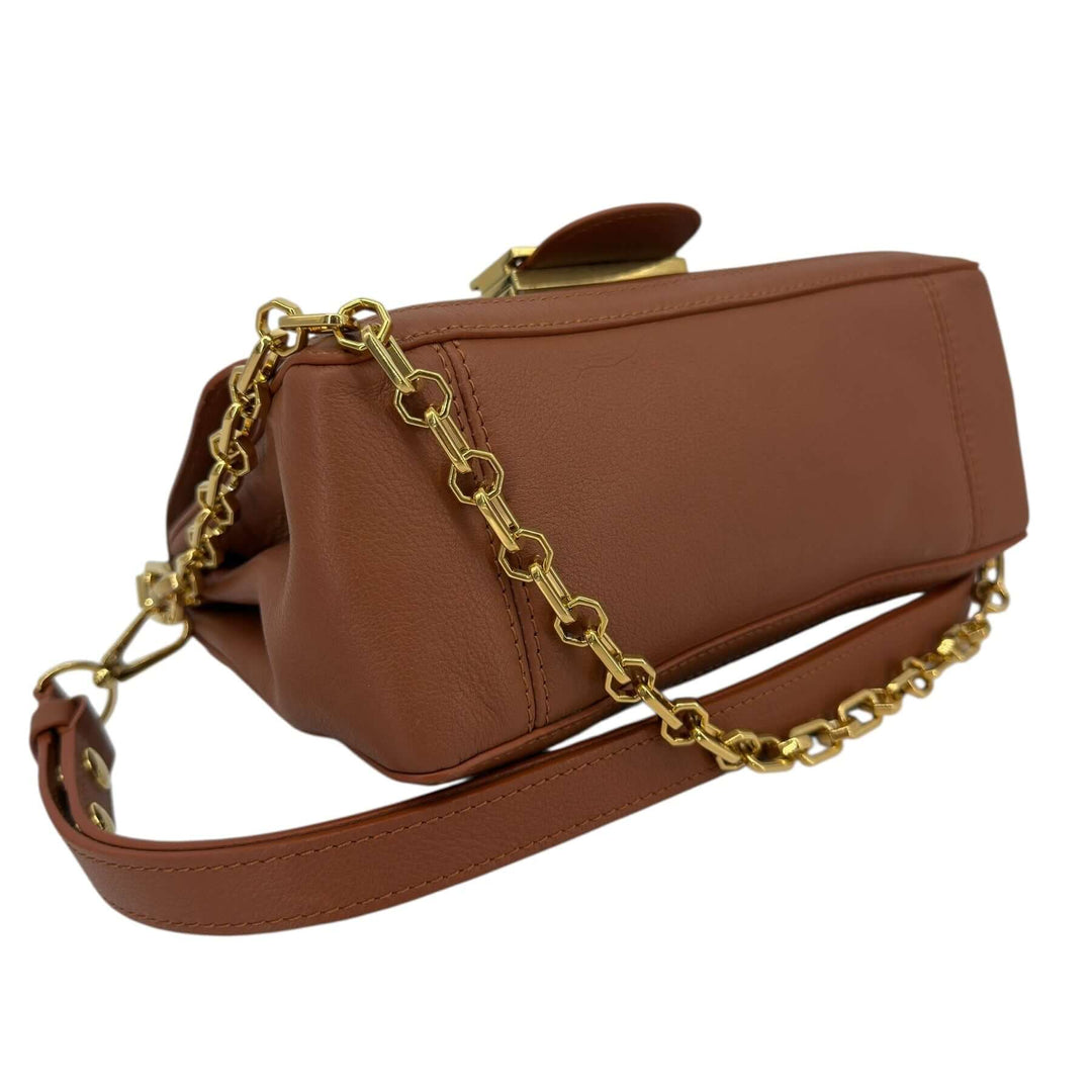 Louis Vuitton Leather Shoulder Bag with LV Turn-Lock Chain Strap Brown, featuring smooth brown leather and gold-tone chain strap.