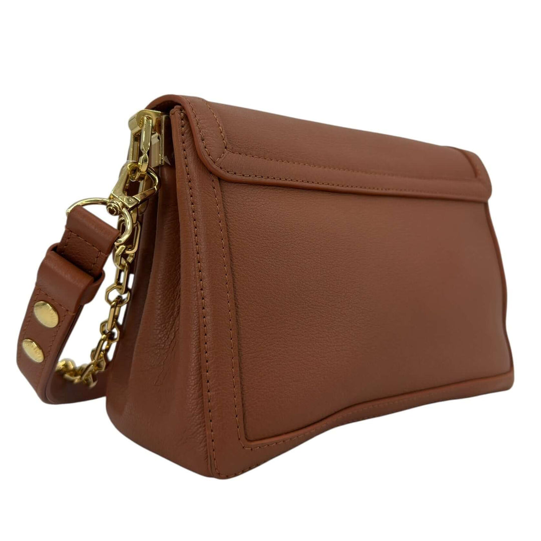 Louis Vuitton Leather Shoulder Bag with LV Turn-Lock Chain Strap Brown side view showcasing leather and chain strap.