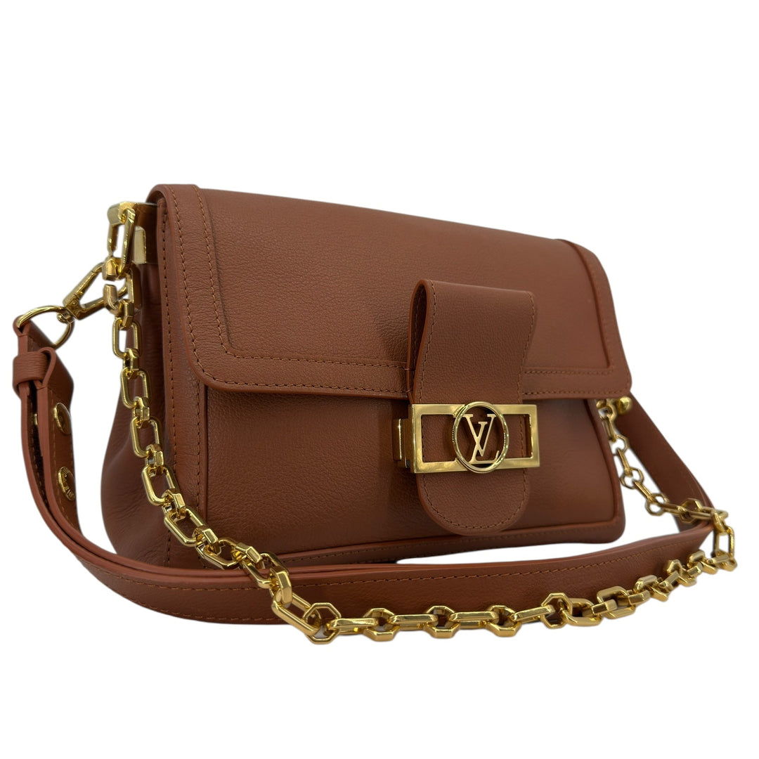 Louis Vuitton Leather Shoulder Bag with LV Turn-Lock Chain Strap Brown on display with gold-tone chain strap.