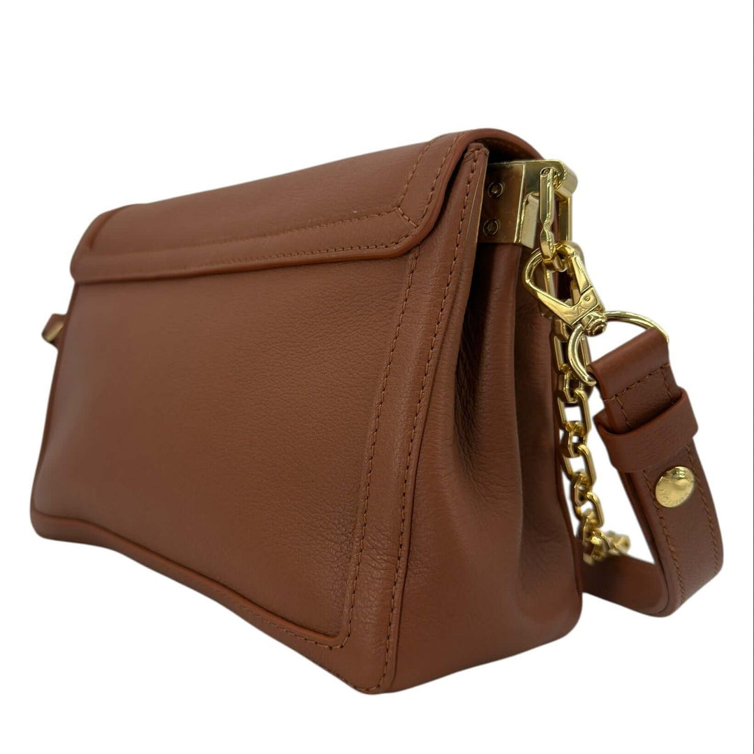 Louis Vuitton Leather Shoulder Bag with LV Turn-Lock Chain Strap Brown side view featuring gold-tone chain strap.