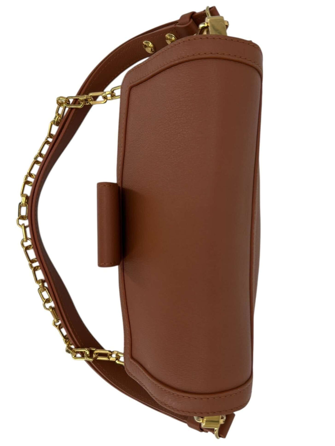 Louis Vuitton Leather Shoulder Bag with LV Turn-Lock Chain Strap Brown side view showcasing polished gold-tone chain strap.