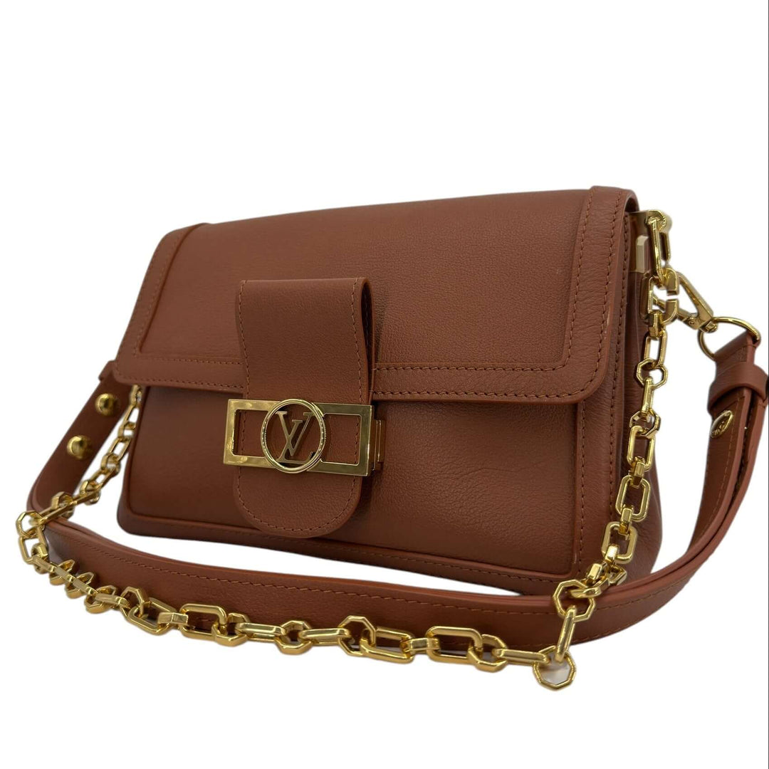 Louis Vuitton Leather Shoulder Bag with LV Turn-Lock Chain Strap Brown featuring gold-tone closure and chain strap