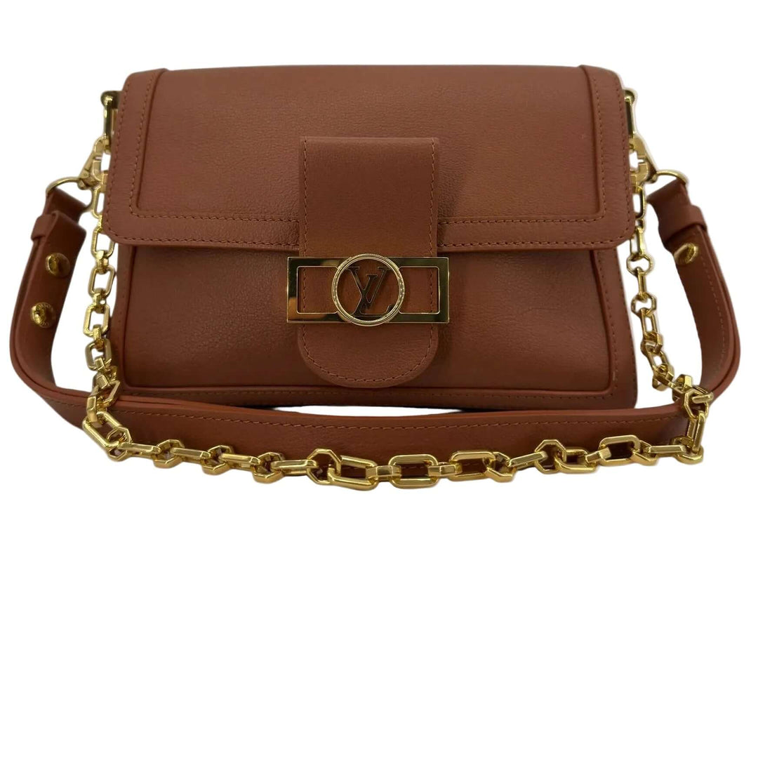 Louis Vuitton Leather Shoulder Bag with LV Turn-Lock Chain Strap Brown displayed with gold-tone chain strap.