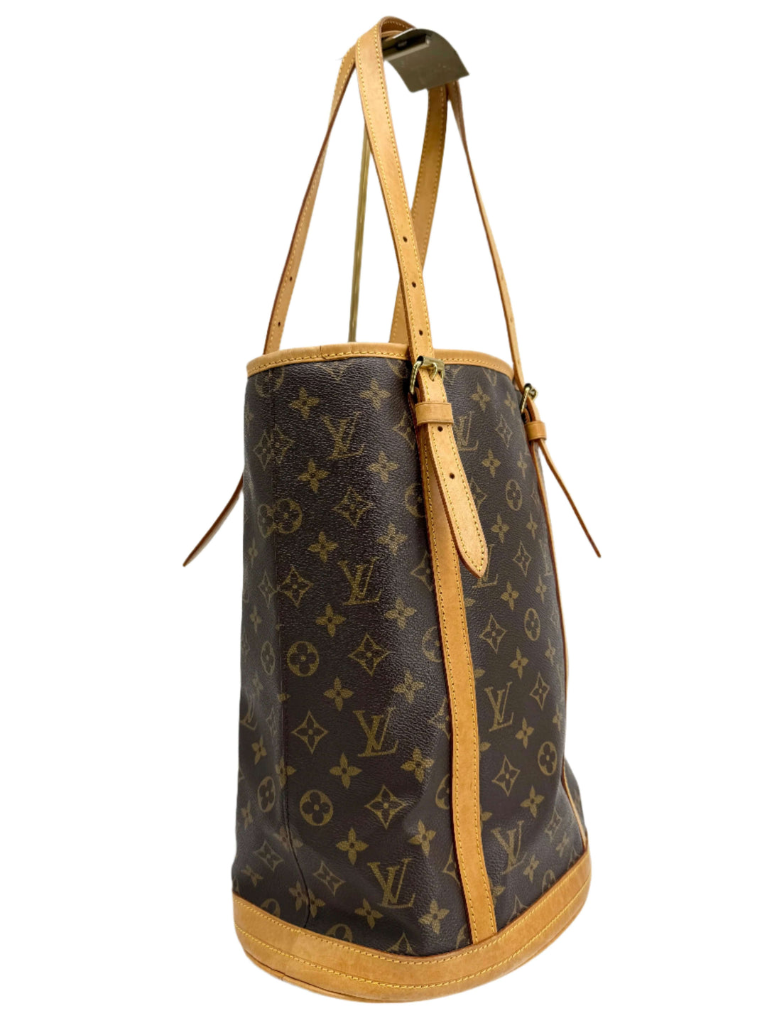 Louis Vuitton Monogram Bucket Bag in coated canvas with vachetta leather trim, showcasing the classic vertical tote design.