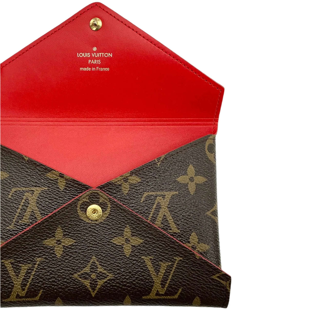 Louis Vuitton Monogram Medium Kirigami Pochette Insert showcasing iconic monogram canvas and vibrant red interior.