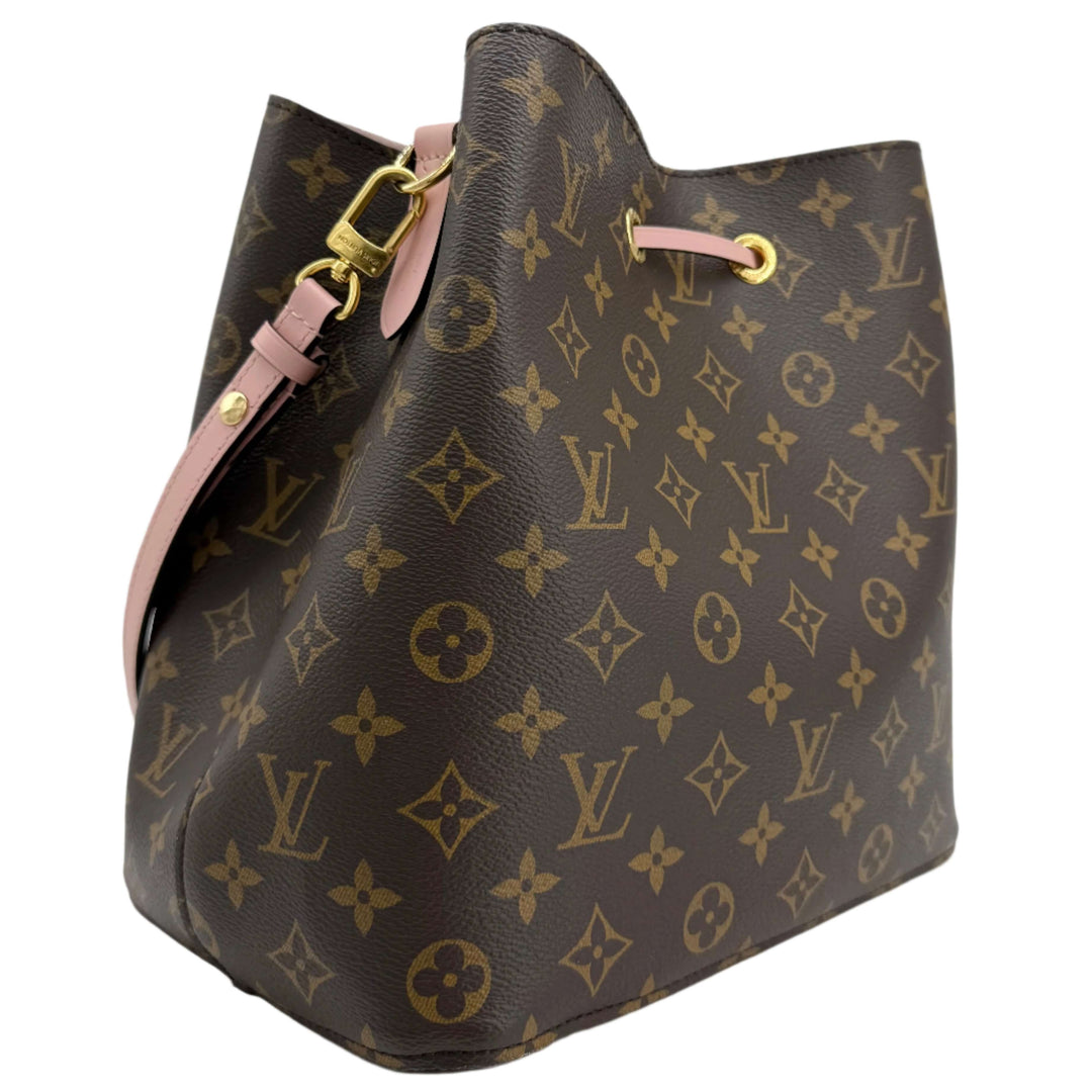 Louis Vuitton Monogram Néonoé MM bucket bag in dark brown canvas with soft pink leather trim and gold hardware.