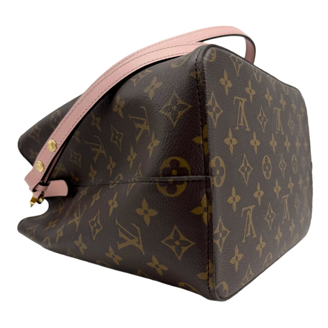 Louis Vuitton Monogram Néonoé MM - Rose Poudre, soft pink bucket bag with gold hardware, angled view.