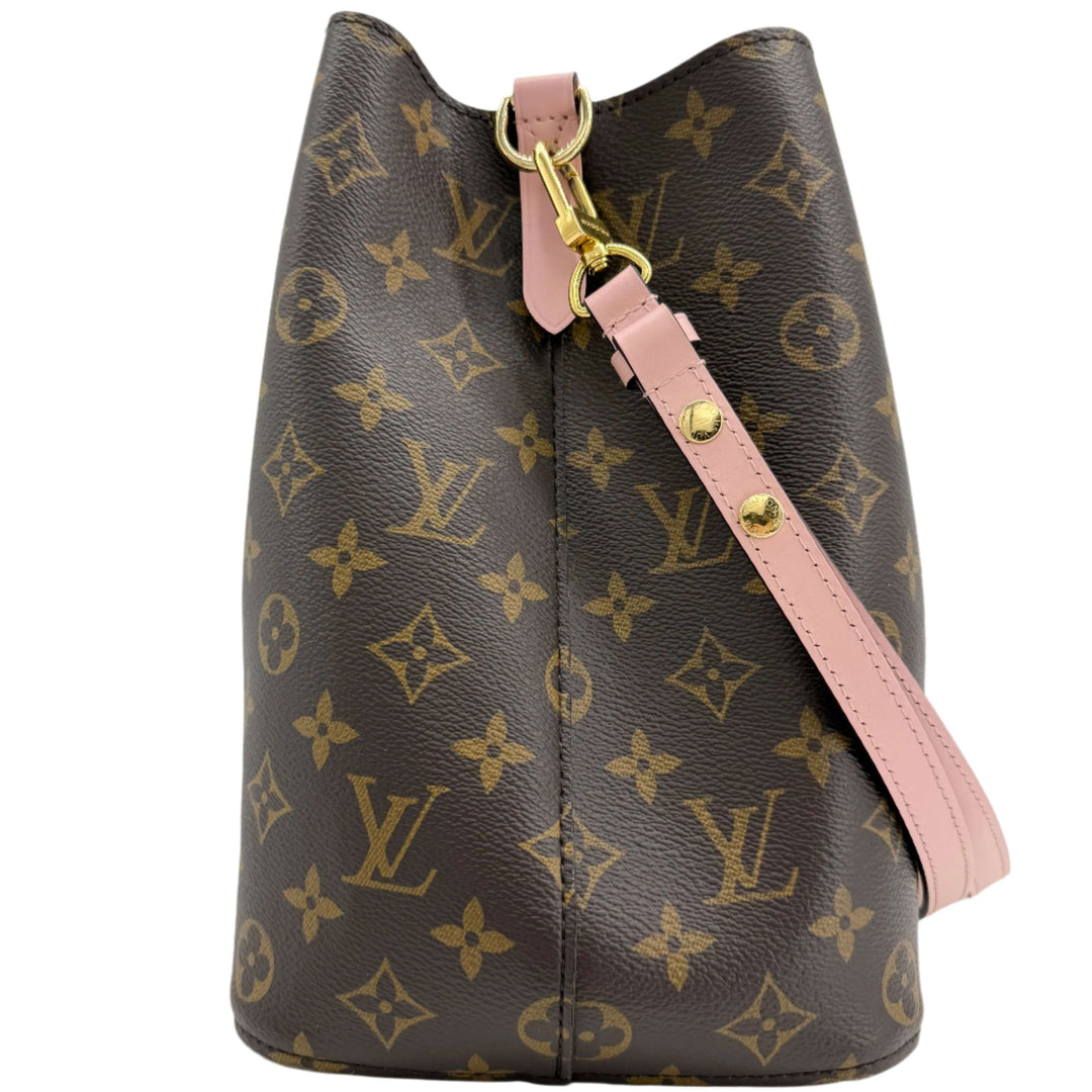 Louis Vuitton Monogram Néonoé MM bucket bag in soft pink with gold hardware, showcasing classic monogram canvas design.