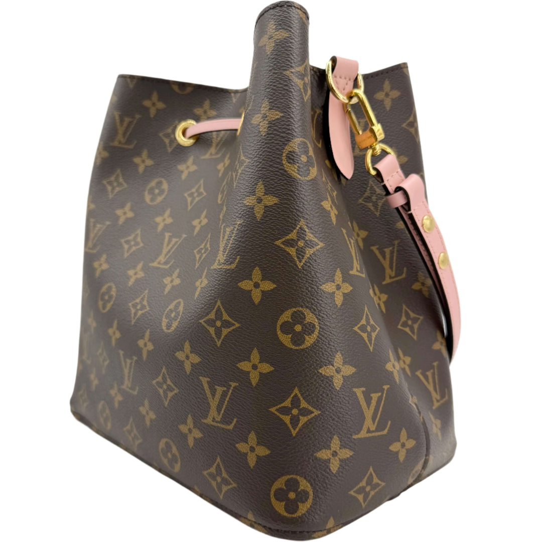 Louis Vuitton Monogram Néonoé MM bucket bag in soft pink with gold hardware, showcasing iconic monogram design.