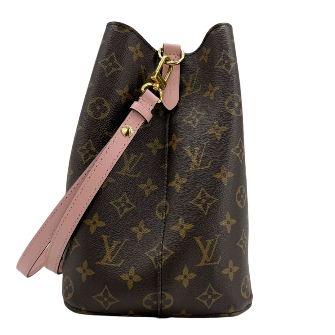 Louis Vuitton Monogram Néonoé MM bucket bag in soft pink with gold hardware, showcasing classic monogram-coated canvas.