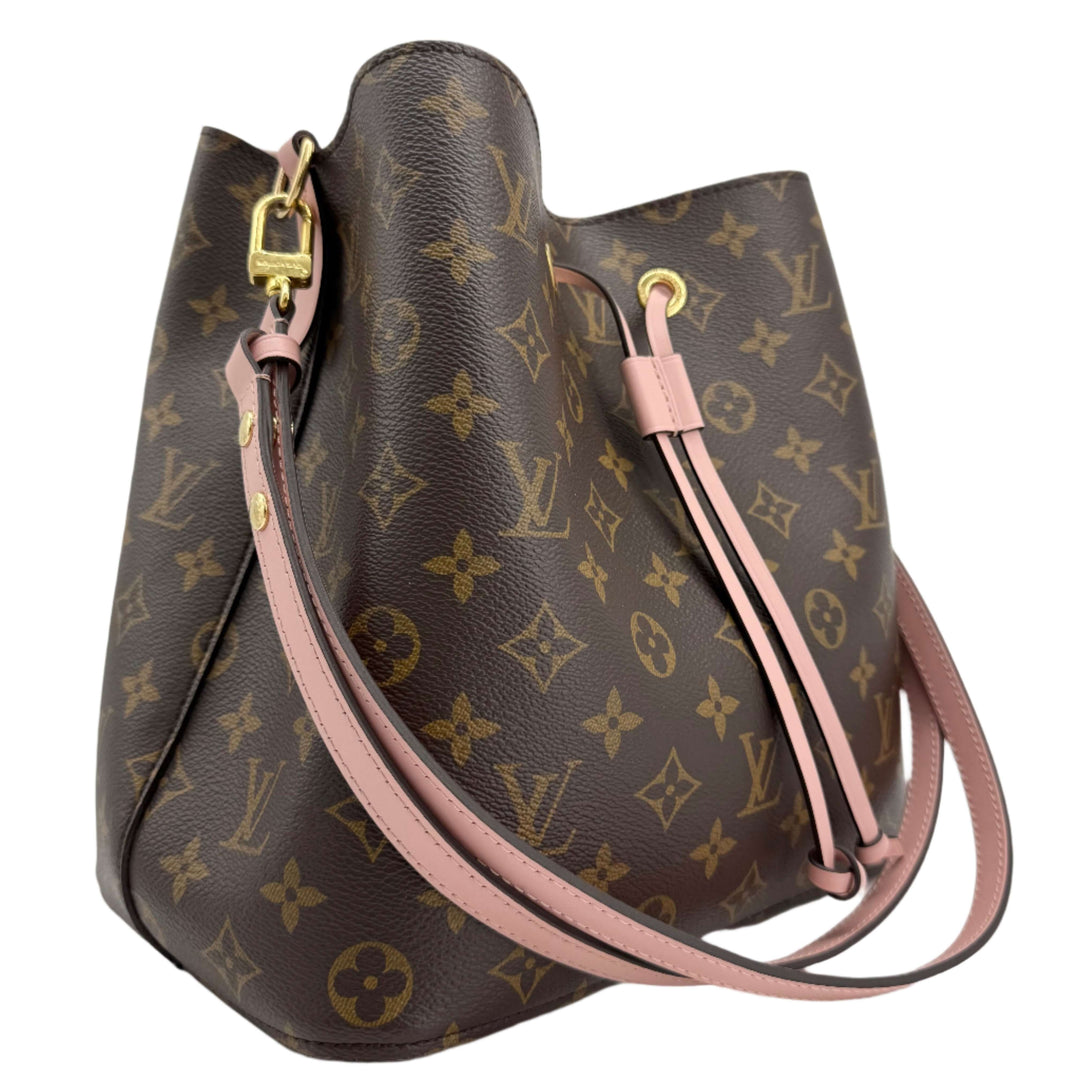 Louis Vuitton Monogram Néonoé MM bucket bag in soft pink with gold hardware, showcasing iconic monogram design and elegant silhouette.