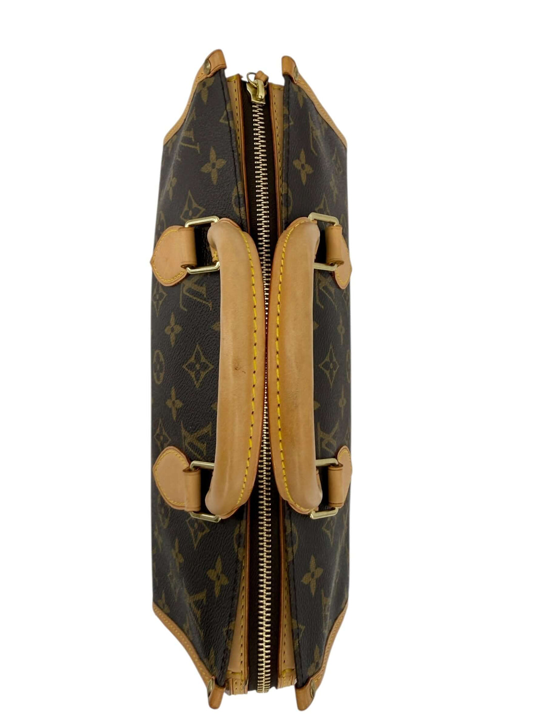 Louis Vuitton Monogram Popincourt Top Handle Handbag side view showcasing zipper and handles.