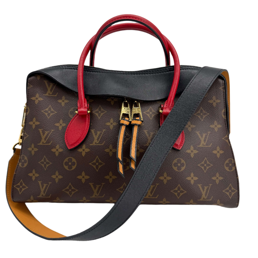 Louis Vuitton Monogram Tuileries Shoulder Bag black with red handles and caramel interior, stylish and functional design.