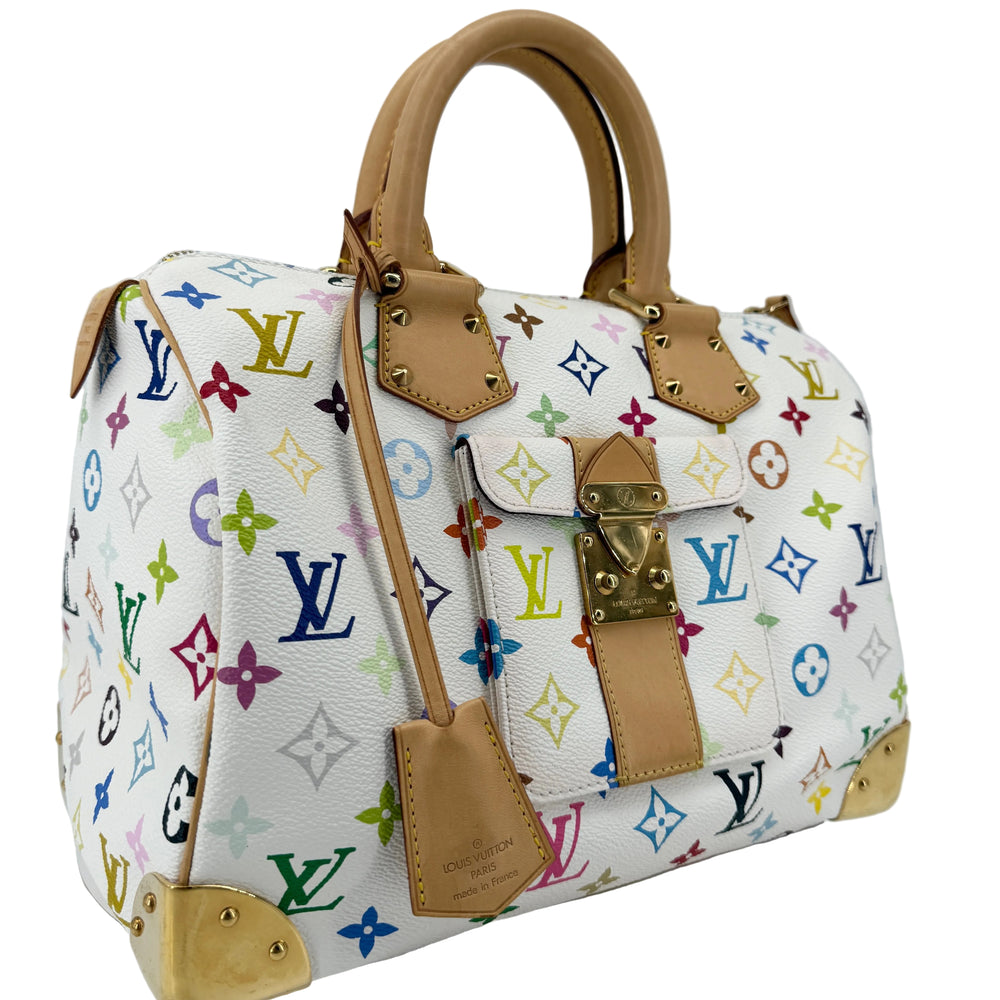Louis Vuitton Multicolore Monogram Speedy 30 Top Handle Bag – White showcasing colorful pattern and natural leather accents.
