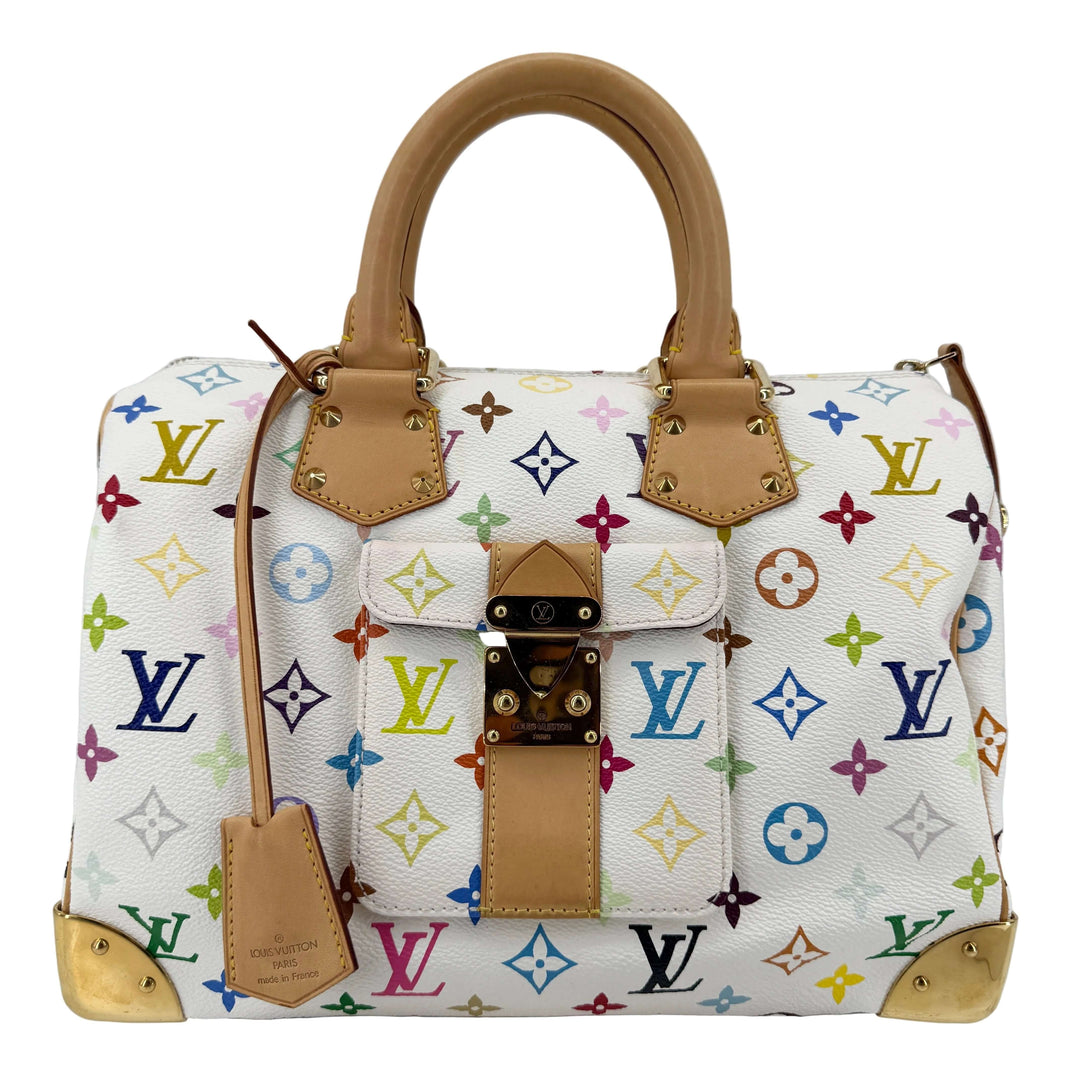 Louis Vuitton Multicolore Monogram Speedy 30 Top Handle Bag – White, featuring colorful monogram pattern and natural leather trim.