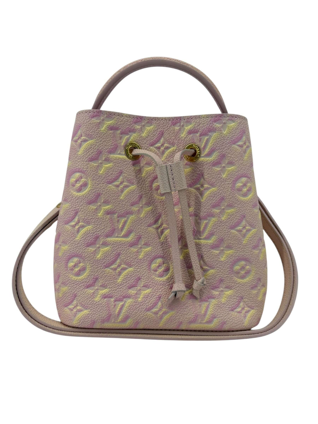 Louis Vuitton Empreinte Monogram Summer Stardust Néonoé BB Bucket Bag Pink, leather with pink yellow cream spray finish, gold tone hardware.