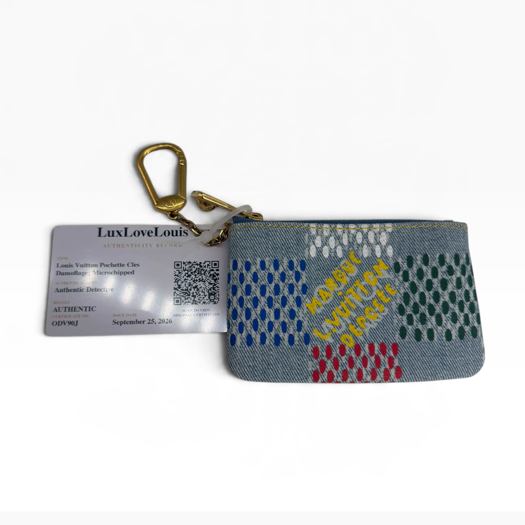 Louis Vuitton Pochette Clés LVers Damier Denim N00188 front showing blue denim, colorful checkerboard and yellow graphic
