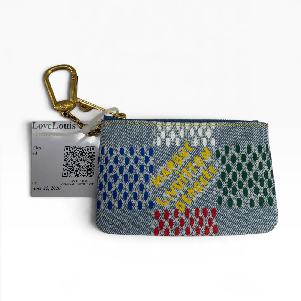 Louis Vuitton LVers Damier denim key pouch close front with yellow signature graphic and authentication record