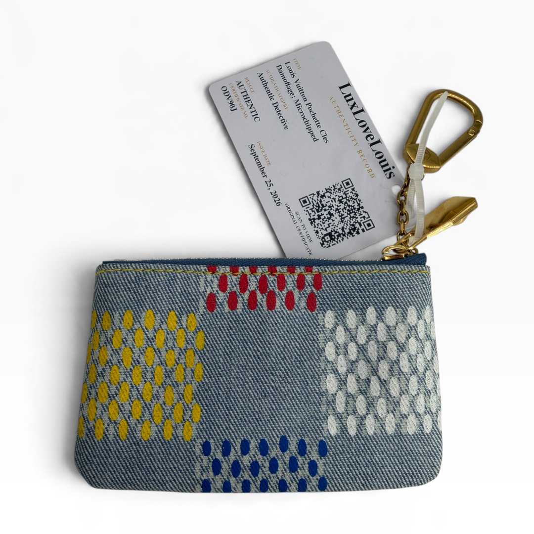 Reverse Louis Vuitton N00188 LVers Damier denim key pouch with multicolor woven checkerboard