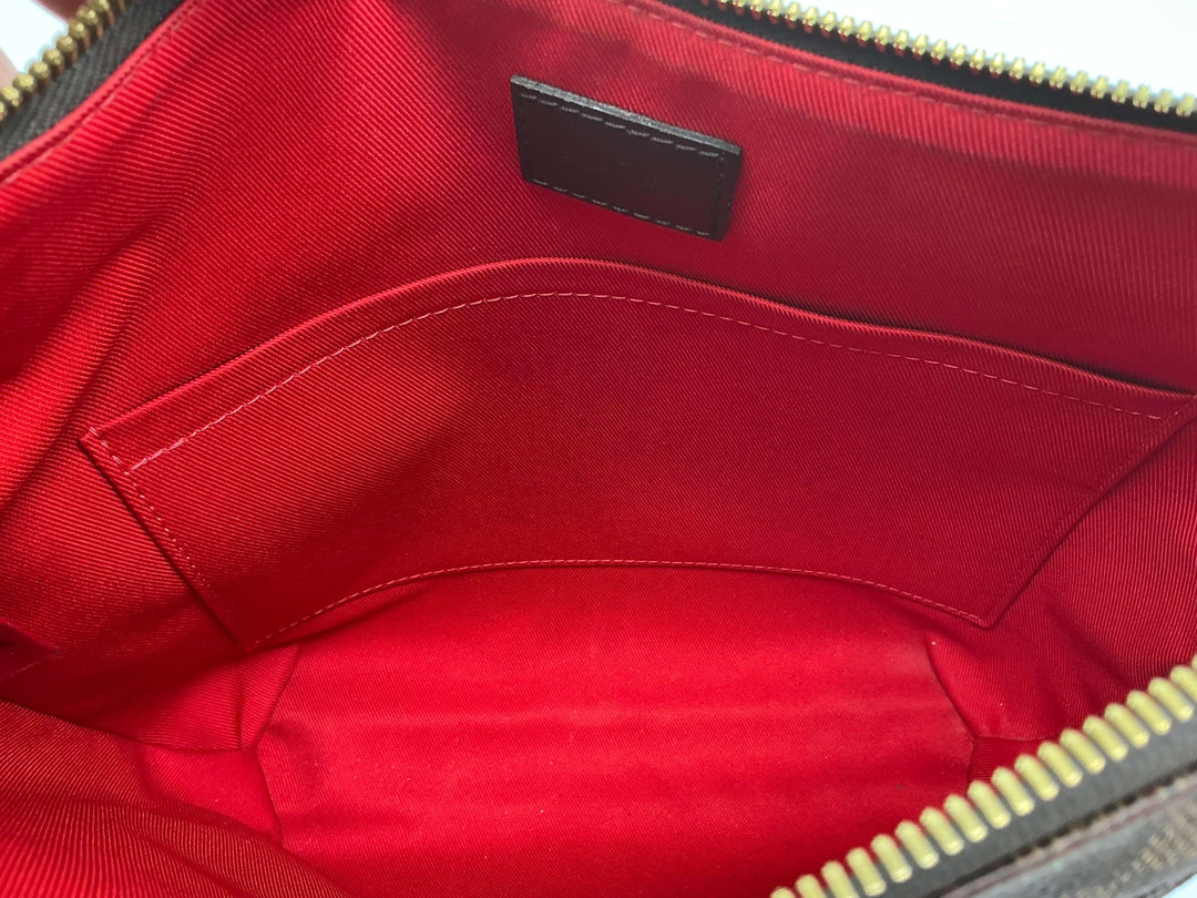 Interior view of Louis Vuitton South Bank Besace shoulder bag featuring red lining and organizational pocket.