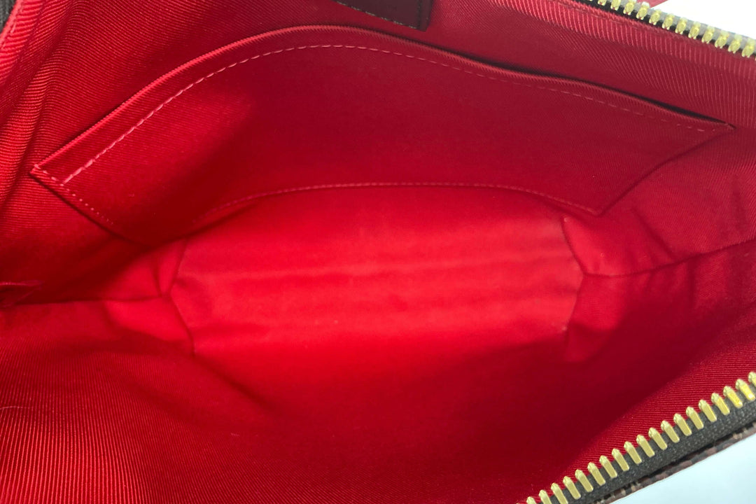Interior view of the Louis Vuitton South Bank Besace Shoulder Bag featuring a striking red lining and organizational pocket.