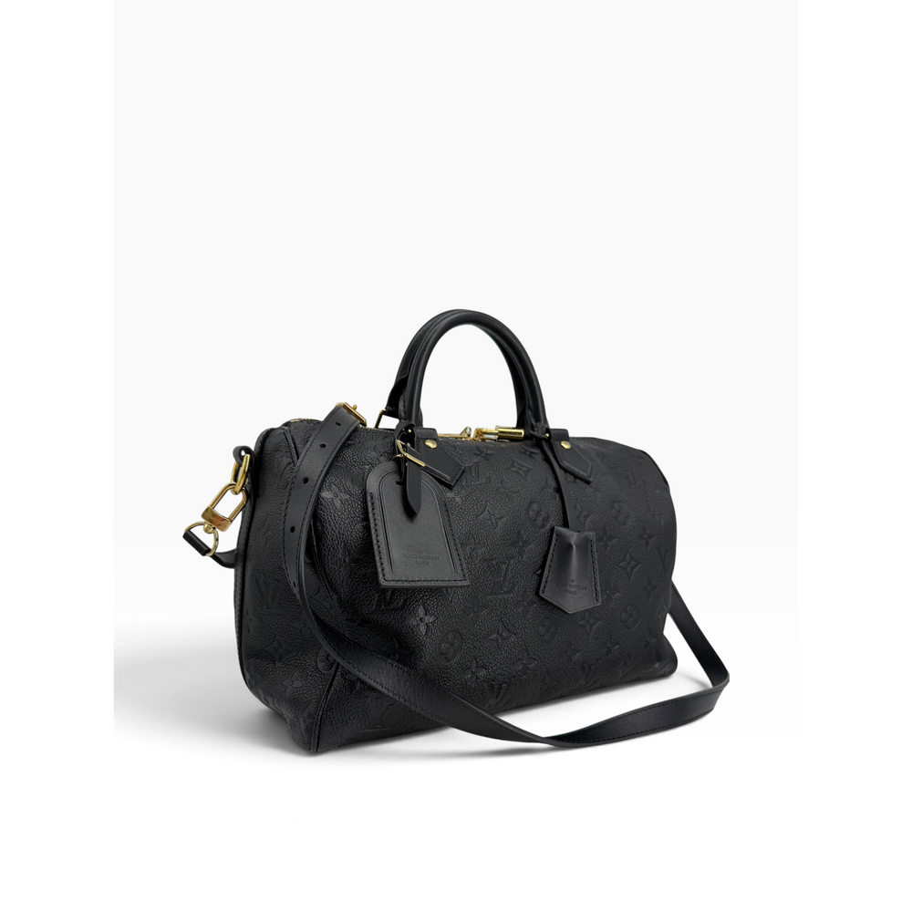 Front angled view of Louis Vuitton Speedy Soft 30 black Empreinte leather handbag